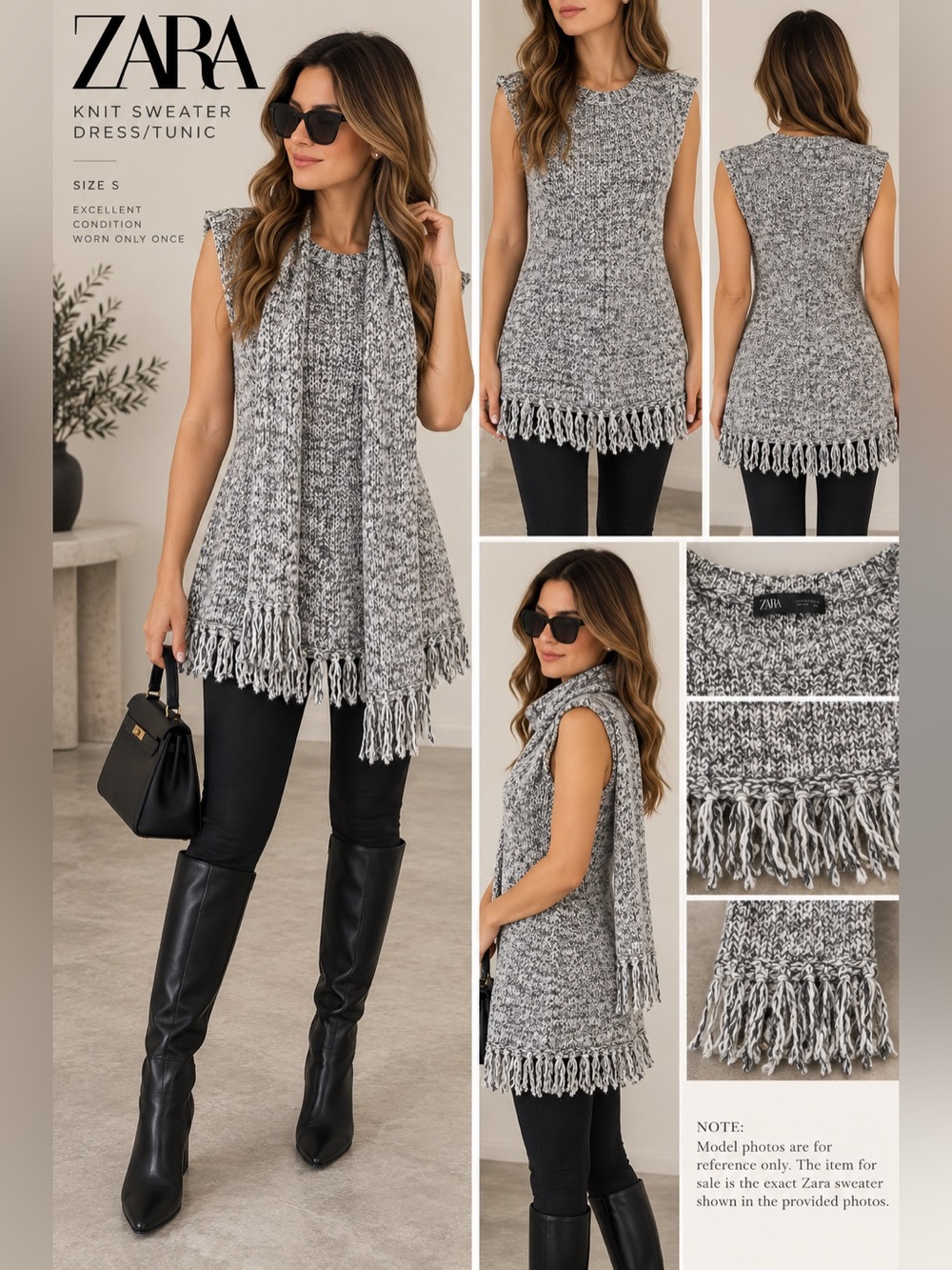 ZARA Knit Sleeveless Sweater With Matching Scarf Fringe Gray White Size S